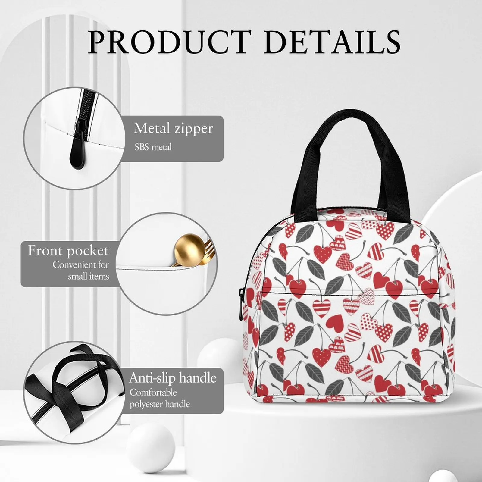 Custom Pattern Tote Lunch Bags for Women Love Cherry Print Portable Meal Bag Picnic Travel Breakfast Box Office Work School