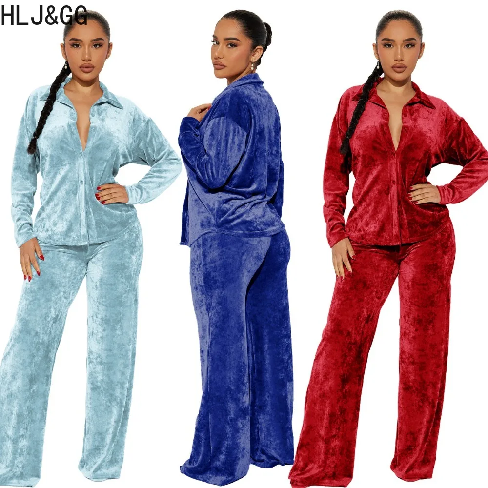 HLJ&GG Fashion Velvet Button Long Sleeve Top + Wine Leg Pants Tracksuits Casual Solid Matching Two Piece Set Female 2pcs Outfits 2pcs set bride groom wine bottle covers wine bottle dress up for weddings centerpieces decorations wine accessories