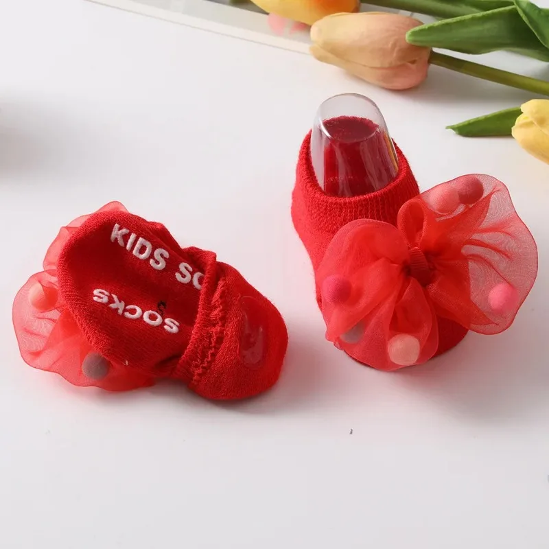 Baby Girl Home Short Socks Lace Bow Infant Anti Slip Trampoline Socks Newborn Princess Ankle Children Floor Shoes