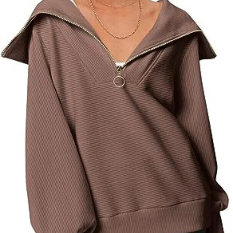 Autumn and Winter Women's Solid Color Pullover Lapel Zipper Long Sleeve Sports Hoodie Fashion Elegant Casual Office LadyTops