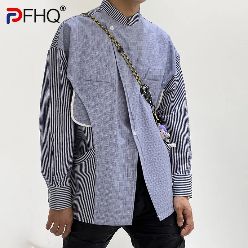 

PFHQ Men's Striped Long Sleeved Shirts Deconstructed Autumn Niche Outerwear Layering Patchwork Casual Light Luxury Tops 21Z2246