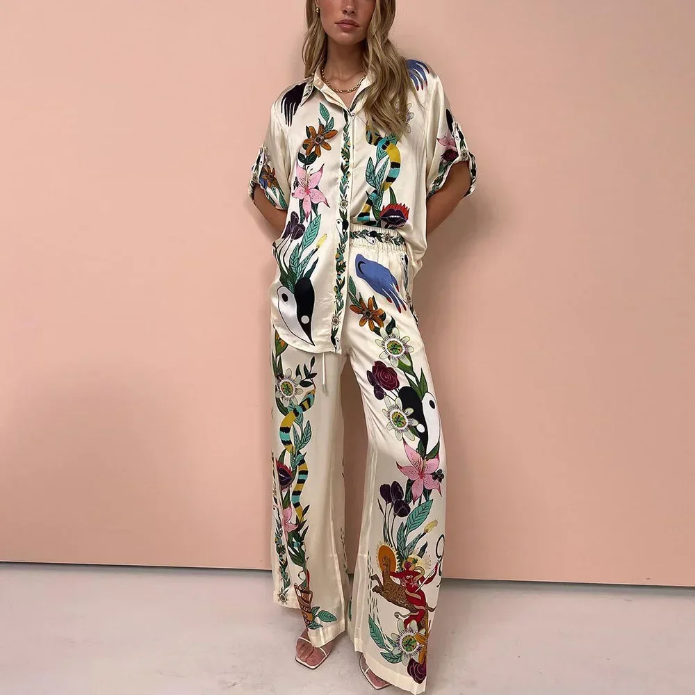 2024Women Printed 2 Pieces Set Short Sleeve Top Loose Long Pants Lady Spring Summer Hawaii Beach Casual Indie Folk Outfits NEW