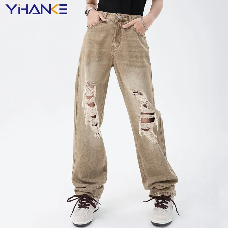 American Retro Porn Jeans Y2K Women 2024 New High -waisted Mop Loose Wide -leg Pants Design Feel Straight Jeans