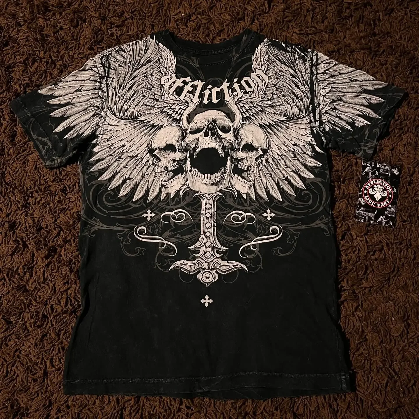 2000s Affliction Style Streetwear Tee Gothic Skull Cross Print Trendy ...