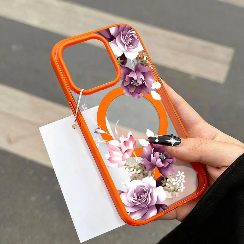 Lavender Pink Floral Print Wireless Charging Phone Case with Magnetic Cover