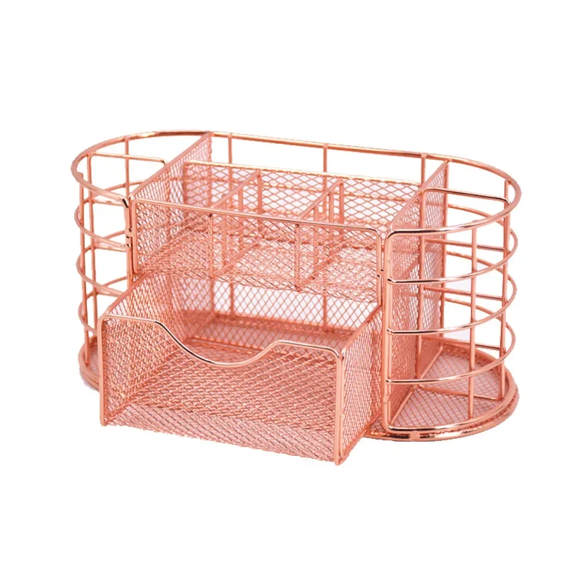 Exquisite Gold Rose Gold Mesh Pen Holder Decorative Iron Stationery Holder Multiple Compartments Desktop Organizer
