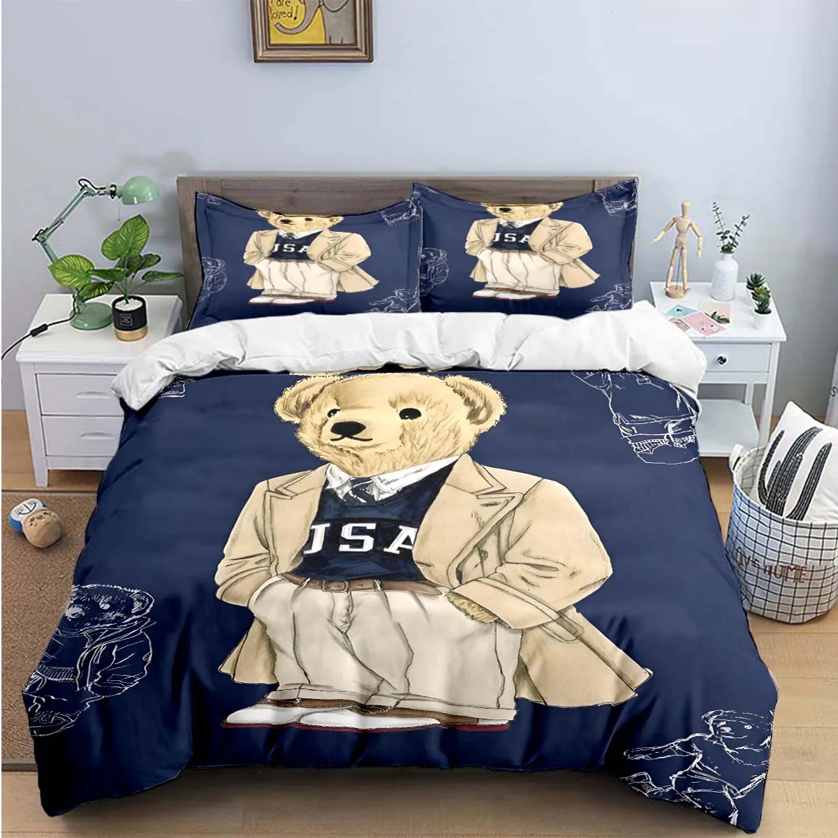 Hot Sale Fashion Bear Bedding Set Single Twin Full King Size Cute Animals Bed Linen Adults Teens Bedroom Luxury Gift 3