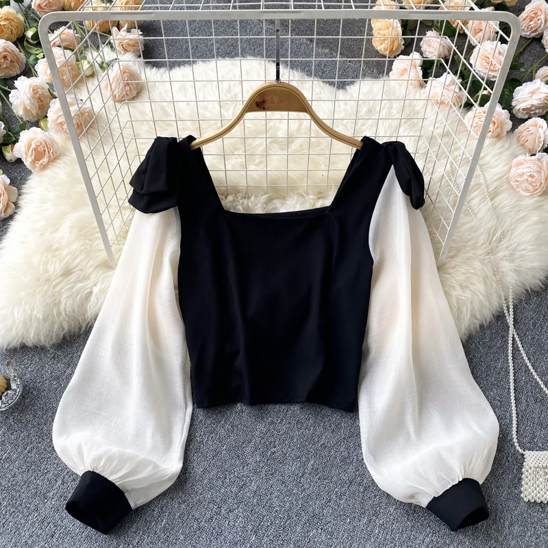 

2022 Spring New Style Square Neck Medium Length Top Long Sleeve Stitching Pleated Versatile Shirt Female Commuter Bubble Sleeve