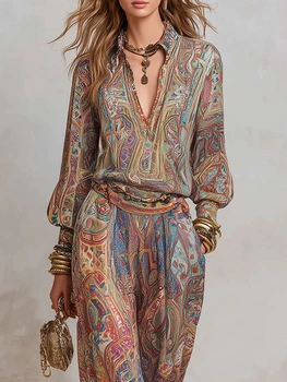 Women's Boho Paisley Print Two-Piece Set V-Neck Long Sleeve Blouse Top Wide Leg Pants Casual Loose Suit for Vacation 1
