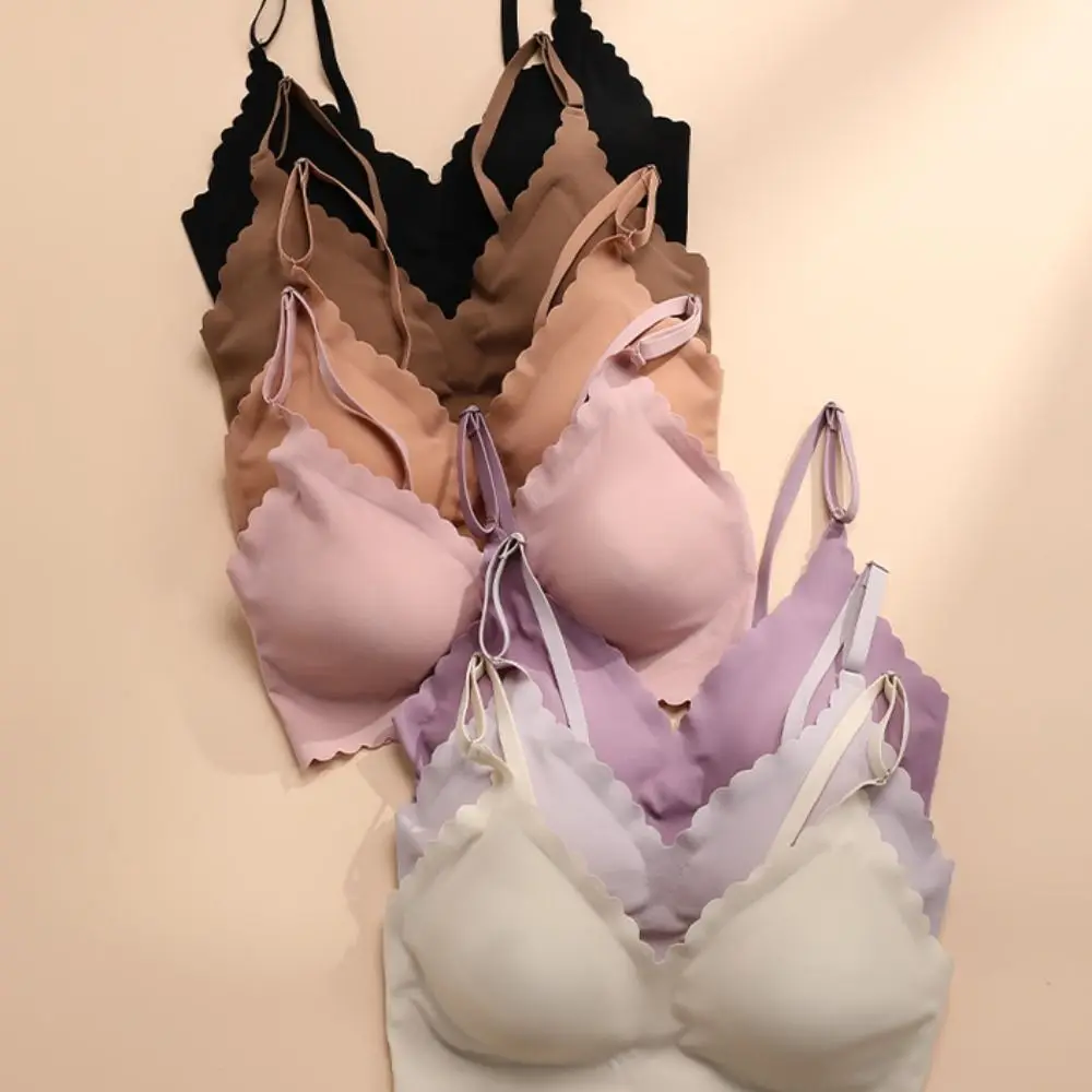 

V Neck Seamless Bra Breathable One-piece Solid Color Push Up Bra Brassiere Lingerie Ice Silk Bra Chest Camisole