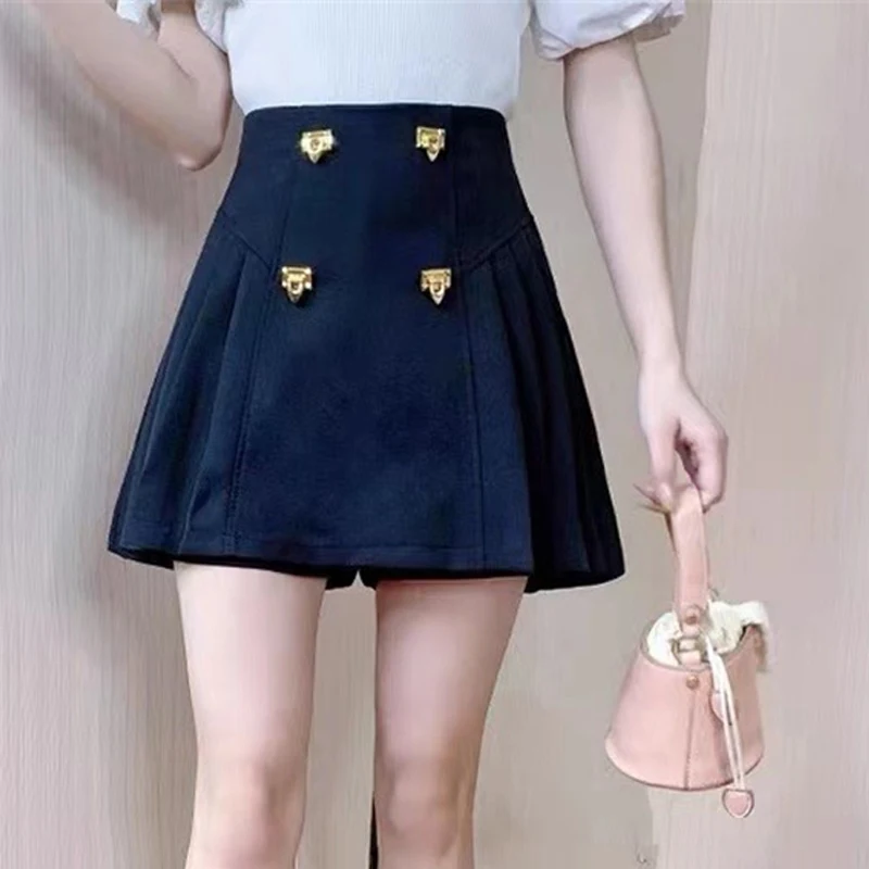 

Korean Pleated Skirts Summer Metal Buckle Design High Waist Mini Skirt Women Elegant Casual Skirt Harajuku OL Office Lady N603