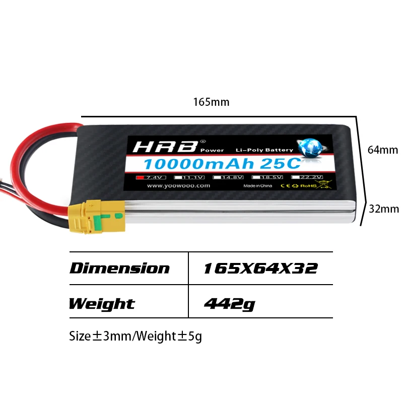 HRB Lipo 2S Battery, 165mm HAZ Powrt LiPol Batter 64mm noooomAh