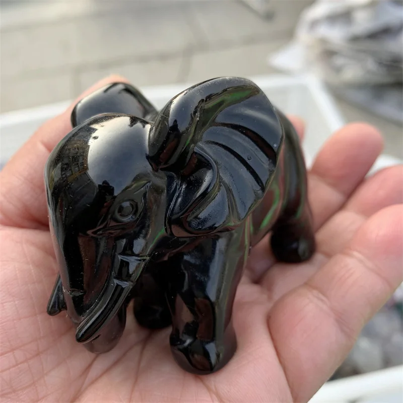 

Natural Obsidian Crystal Elephant Carved Figurine Stone Chakra Healing Reiki Stone Feng Shui Crafts