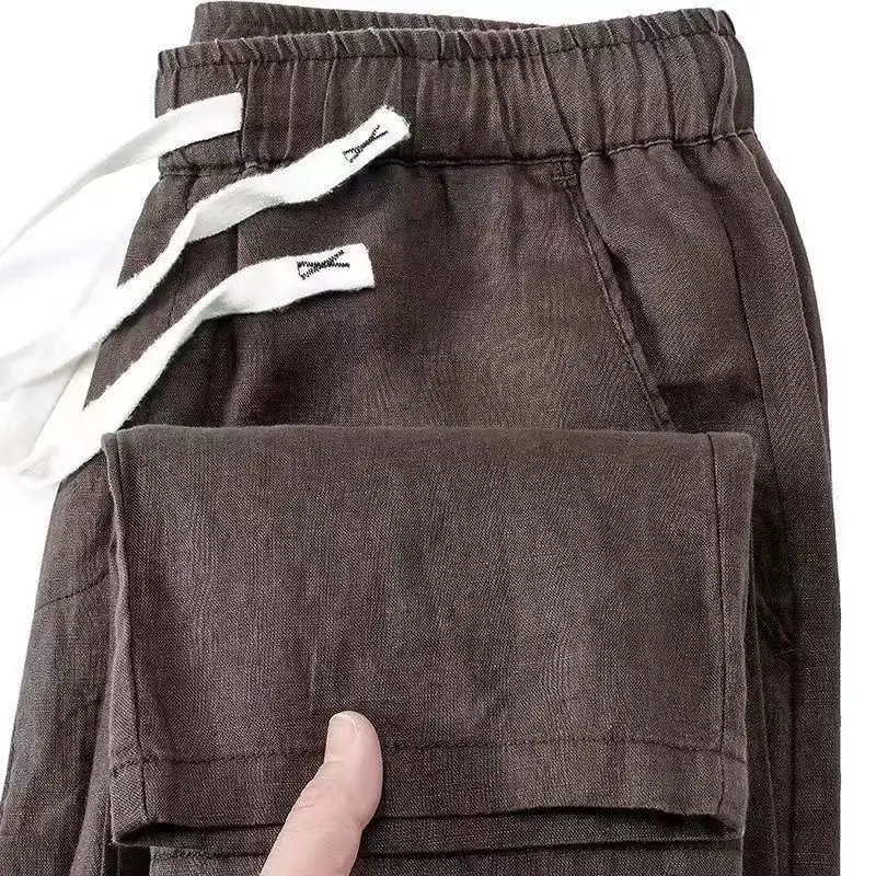 High-End Linen Pants Charcoal ey Cotton-Linen Straight Leg Summer Thin Casual Trousers for Men Breathable Loose Fit Long Tr...