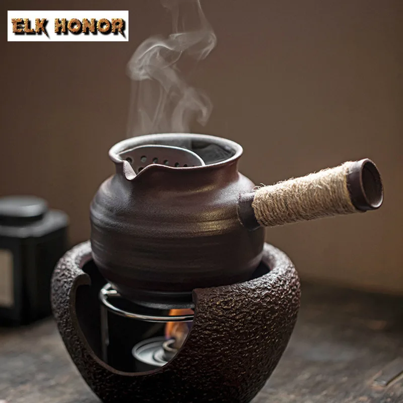 Retro Coarse Pottery Tea Warmer Holder Tea Pot with Candle Warmer Set Stove Household Kettle Stand Carbon Furnace Drinkware