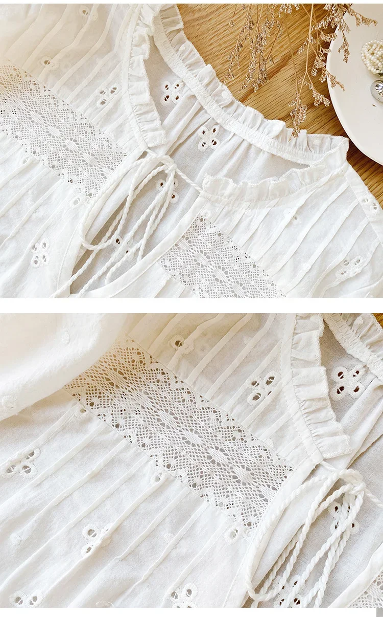 新品未使用　YILON MADE Blossom lace tops ホワイト Women Mesh Floral Lace Shirt Tops Blouse Long Lantern Sleeve