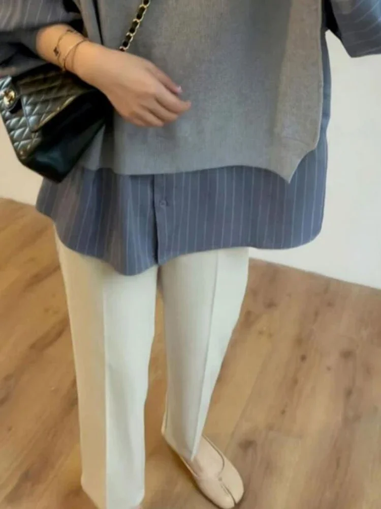 임산부 스트라이프 패치워크 셔츠, 턴다운 칼라, 니트 블라우스, 플러스 사이즈 임신 스웨터, 한국 스타일