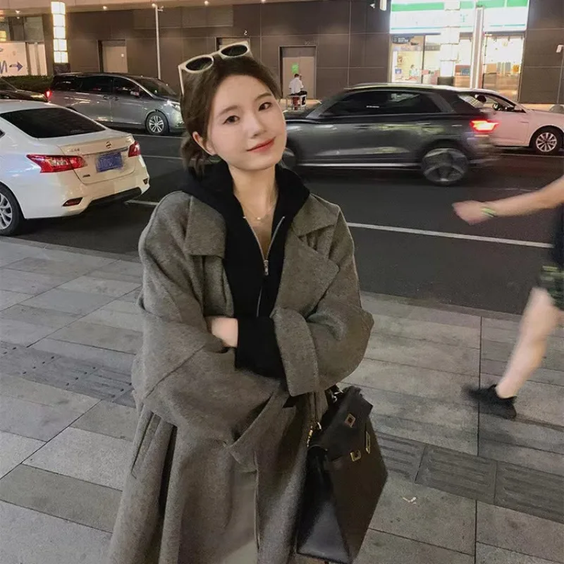2023 New Women High-End Double-Faced Woolen Coat Autumn Winter Temperament Long Over-the-Knee Korean Hepburn Woolen Outwear