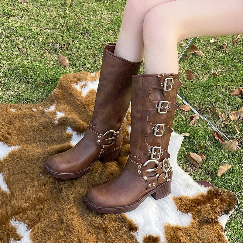 

2023 Women's New Boots Trend Combat Boots Square Heel Buckle Vintage Fashion Casual Luxury Western Mid Calf Woman Boots