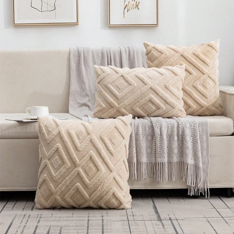Beige diamond-textured faux fur pillows