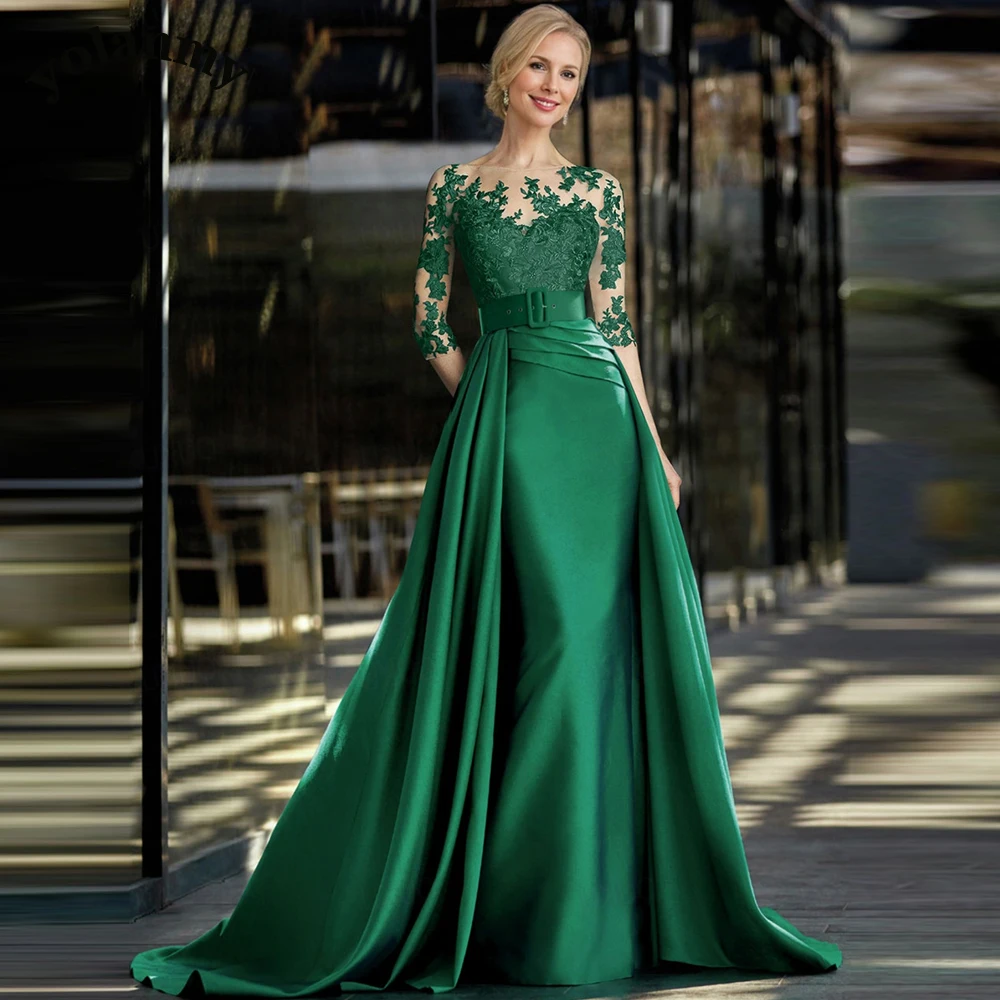 Mother Bride Dresses YOLANMY Exquisite Appliques Sashes Button Detachable Train Satin Robe De Soiree Femme Customized