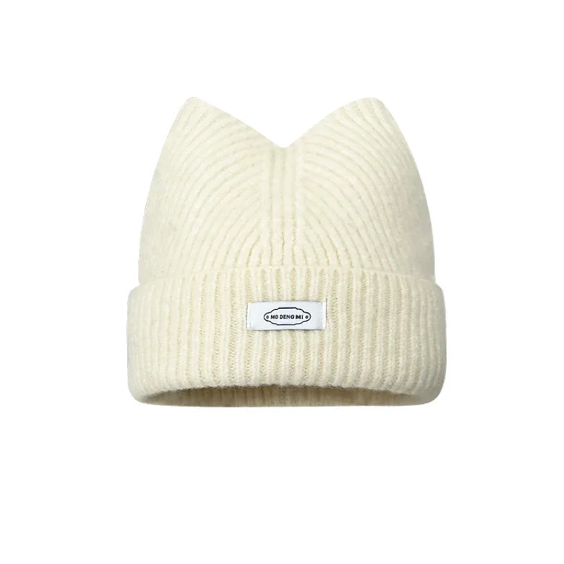 Korean Version New Cute Cat Ear Letter Patch Knitted Hat Women's Autumn and Winter Thickened Warm Versatile Simple Beanie Cap 6