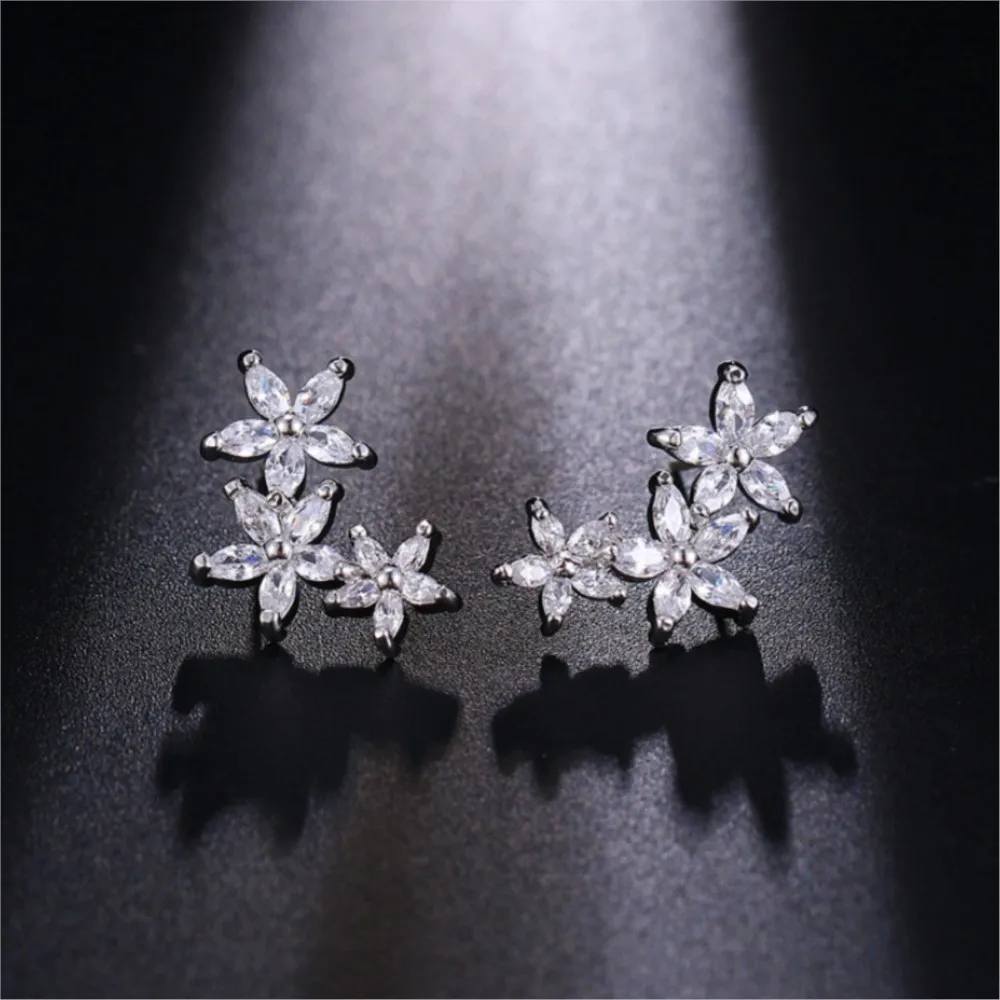 Silver Color Classic Zircon Flower Stud Earrings for Women Elegant Sweet Earrings Party Jewelry Gifts