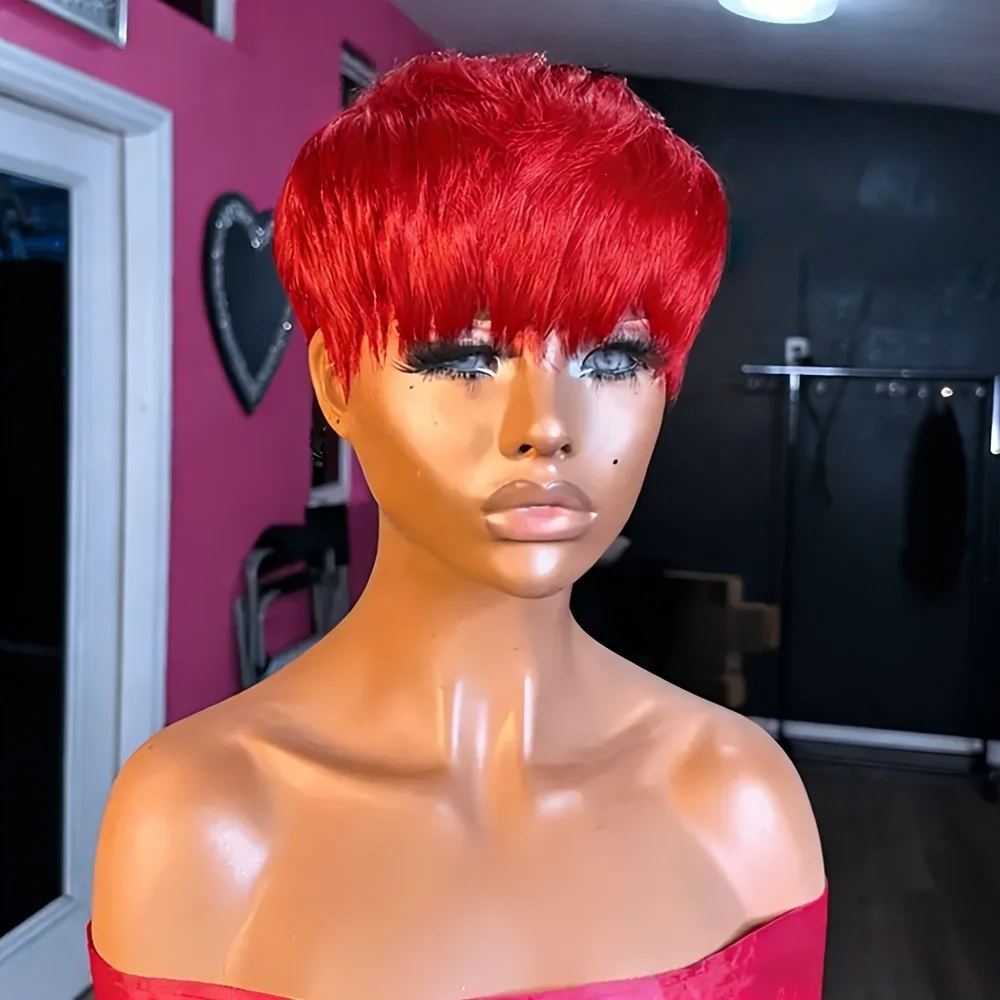 여성용 레드 픽시 컷 브라질리언 인모 가발(뱅 포함) 짧은 레이어드 스트레이트 풀 머신 메이드 가발