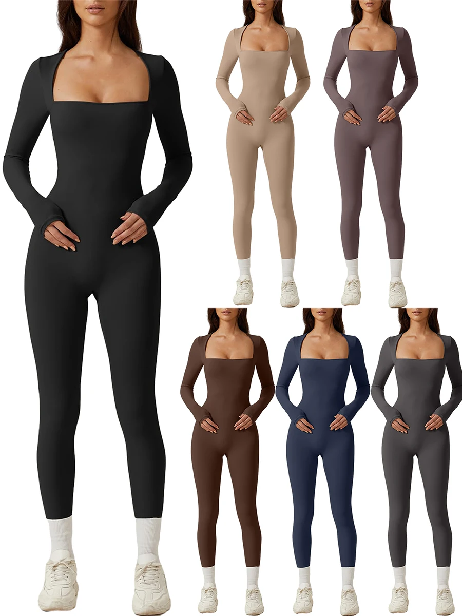 Women's Long Sleeve Square Neck Workout Playsuit Spring Autumn Slim Yoga Long Fitted Jumpsuit Solid Color Overalls Female