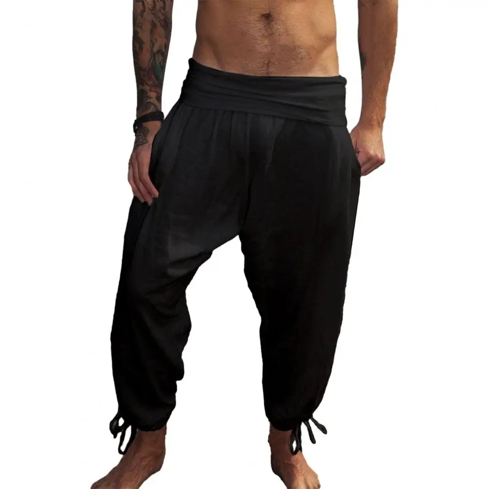Solid Color Pants Men Pants Vintage Solid Color Men's with Wide Waistband Ankle-banded Design Breathable Soft for Beach