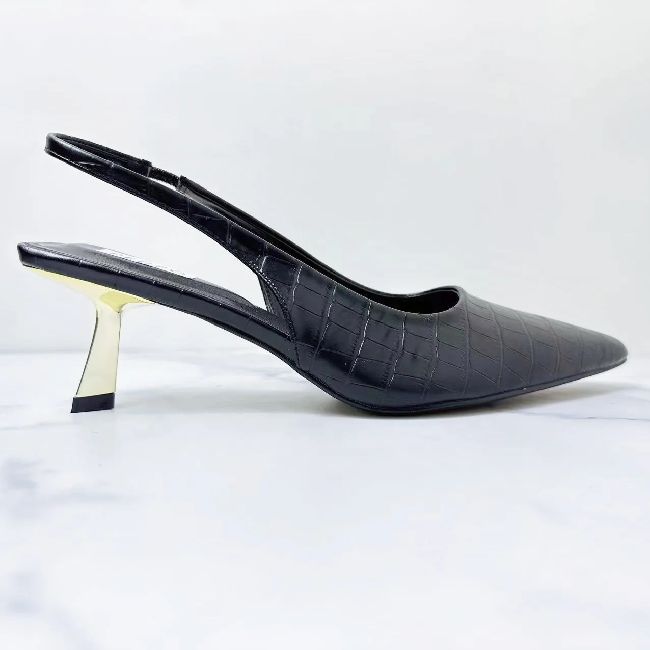 

New 2024 Women's Shoes, Fashionable High Heels, Black Metal Heel and Pointed Stone Sandals, Women.