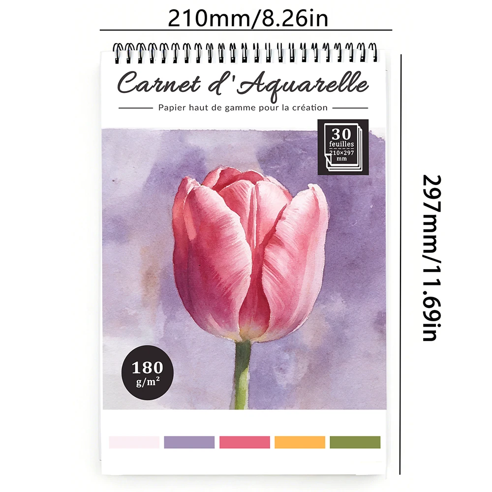 A4 스프링 제본 수채화 스케치북, 180gsm 고중량 아트지, 30매 플립형 드로잉 패드, 휴대용 스케치 노트