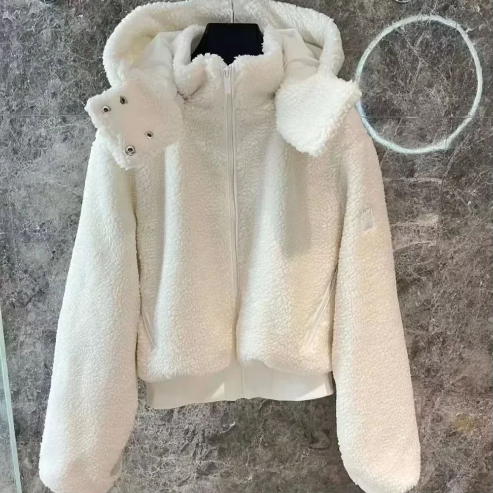 AI Lamb Wool Thick Zipper Hooded Coat Casual Yoga Wear Women's Winter Short Warm Cotton-padded Jacket 2