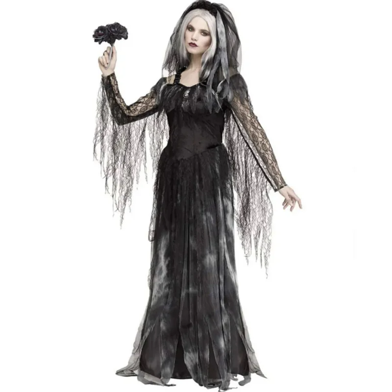 

Medieval Day Of The Dead Gothic Witch Women Scary Zombie Vampire Halloween Costume Horror Spooky Ghost Bride Sexy Dress