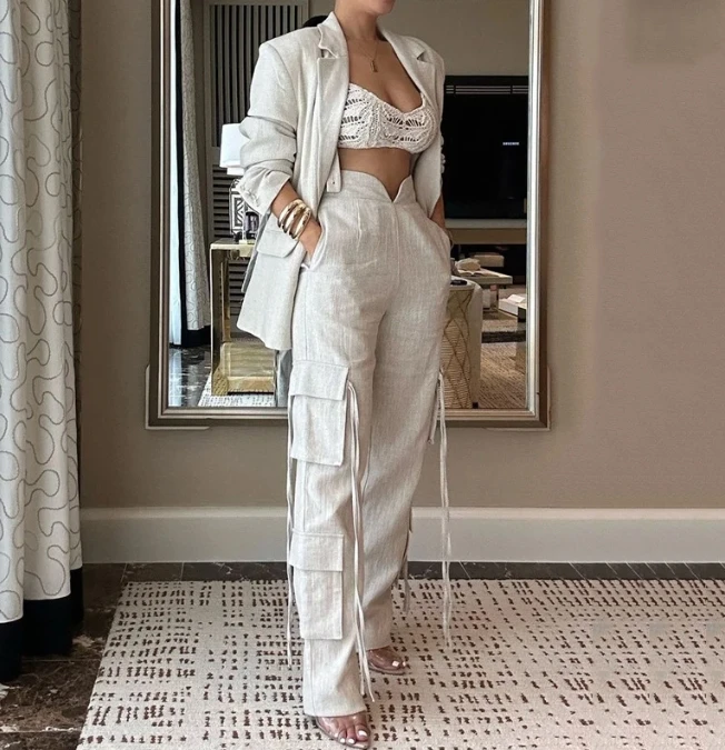 Women Blazer Sets Fall 2023 New Fashion Elegant Loose Solid Pocket Design Suit Coat&high Waist Long Work Trouser Two Piece Set