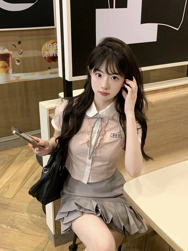 

Korean Japnanese Style JK Uniform Academy Style Set Women Summer Pink Shirt Pleated Skirt Two Piece Set School Girl Uniform Set