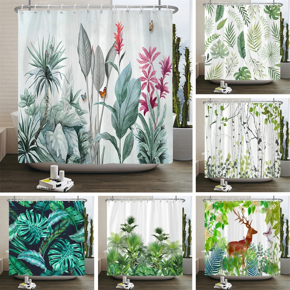 

Nordic Style Tropical Plant leaves Shower Curtain Green Leaf Waterproof Bathroom Curtains Bathtub Room Decor Curtain With Hooks