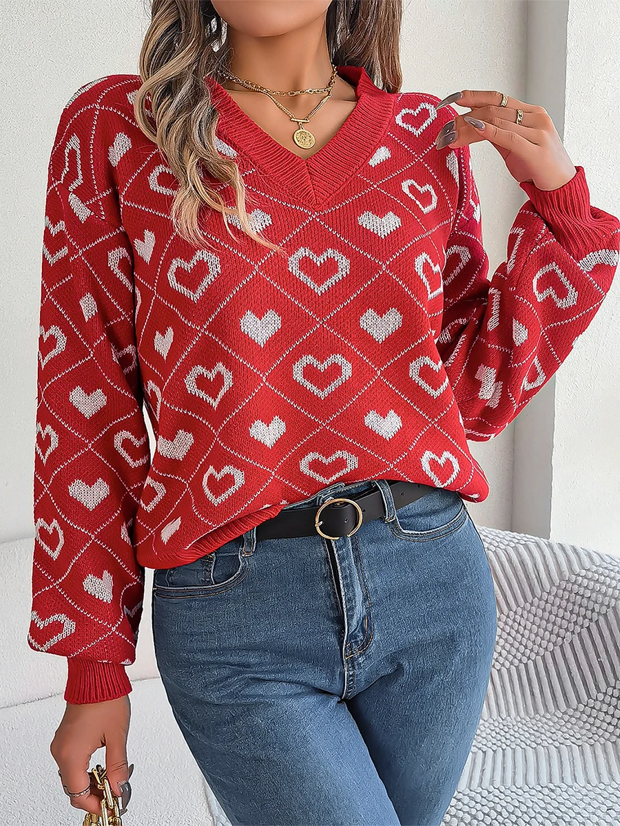 

Valentines Day Sweater Women Heart Print Round Neck Long Sleeve Oversized Pullover Tops Streetwear