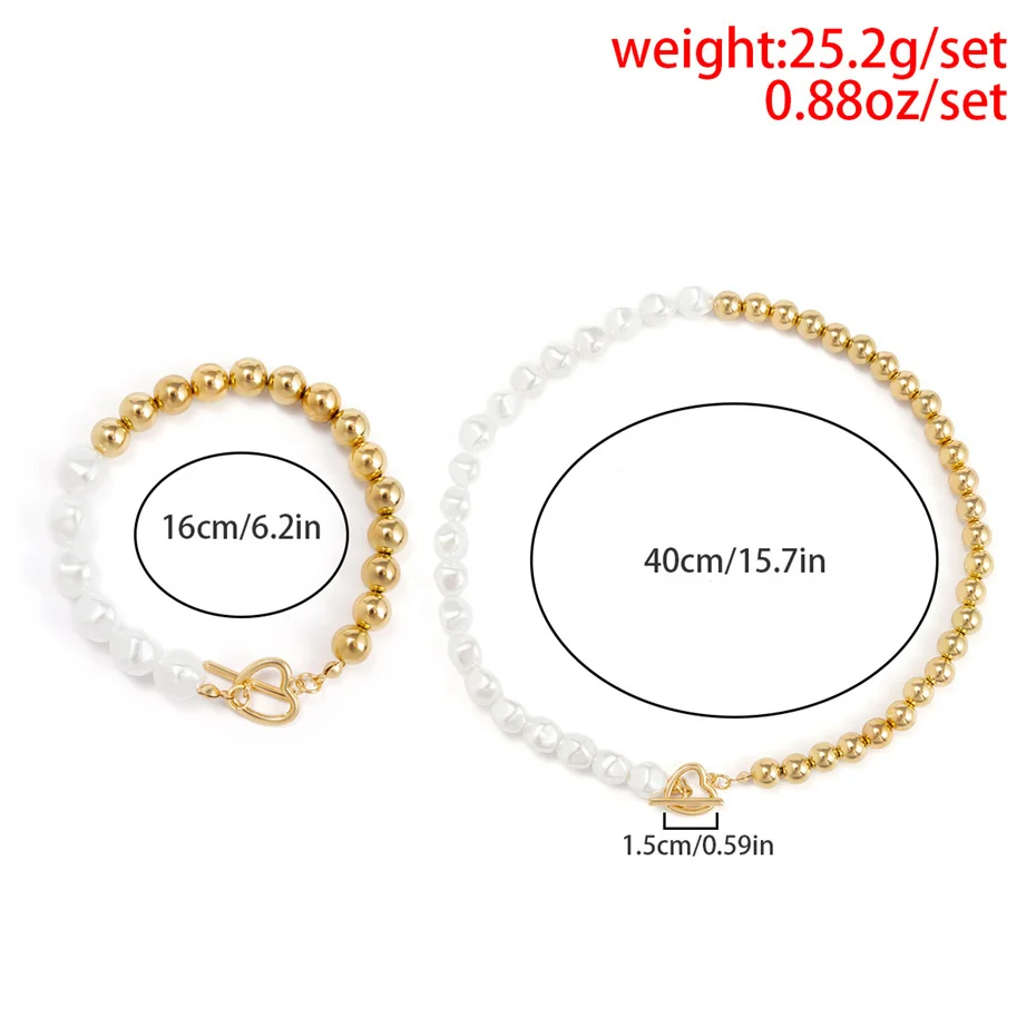 Half Pearl Gold Beads Chain Necklace And Bracelet Set With Golden Heart Buckle Closer