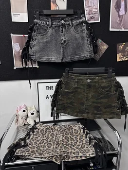 Outlet Leopard Print Rope Bound Denim Skirt Retro Sexy Bodycon A-Line Short Skirt Casual High Waist Summer Dress 3