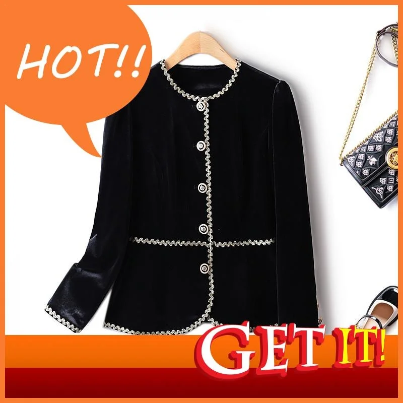 

Coat Jacket Women Fashion Short 2023 Autumn Slim French Style Cardigan Black Gold Velvet Full Sleeve Winter Female Clothing 4XL