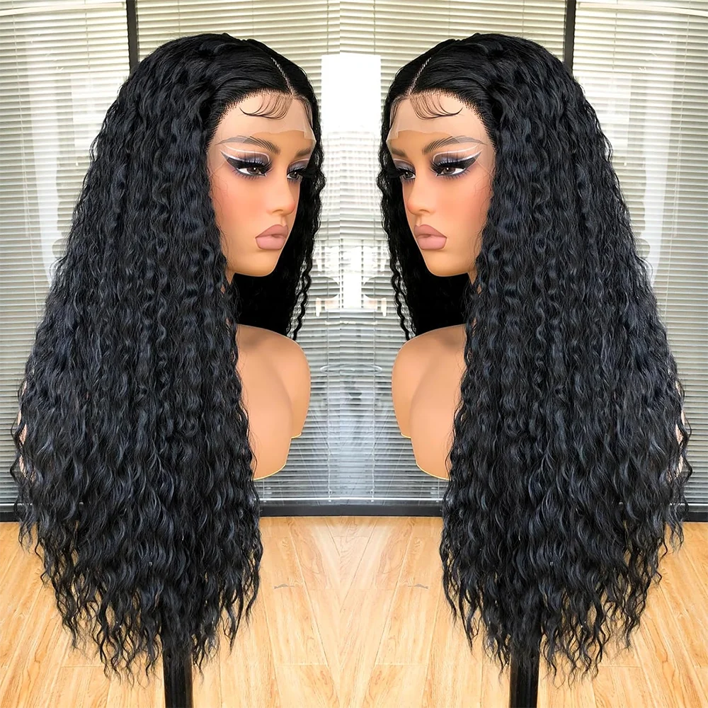 Black Curly 13×4 Lace Front Wigs For Black Women Long Black Deep Wavy Synthetic Wig Pre Plucked Natural Hairline Wig (24Inch)