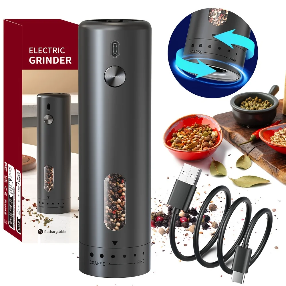 USB Rechargeable Electric Pepper Grinder-ABS Body, Adjustable Coarseness, One-Button Operation Ideal Kitchen Essential