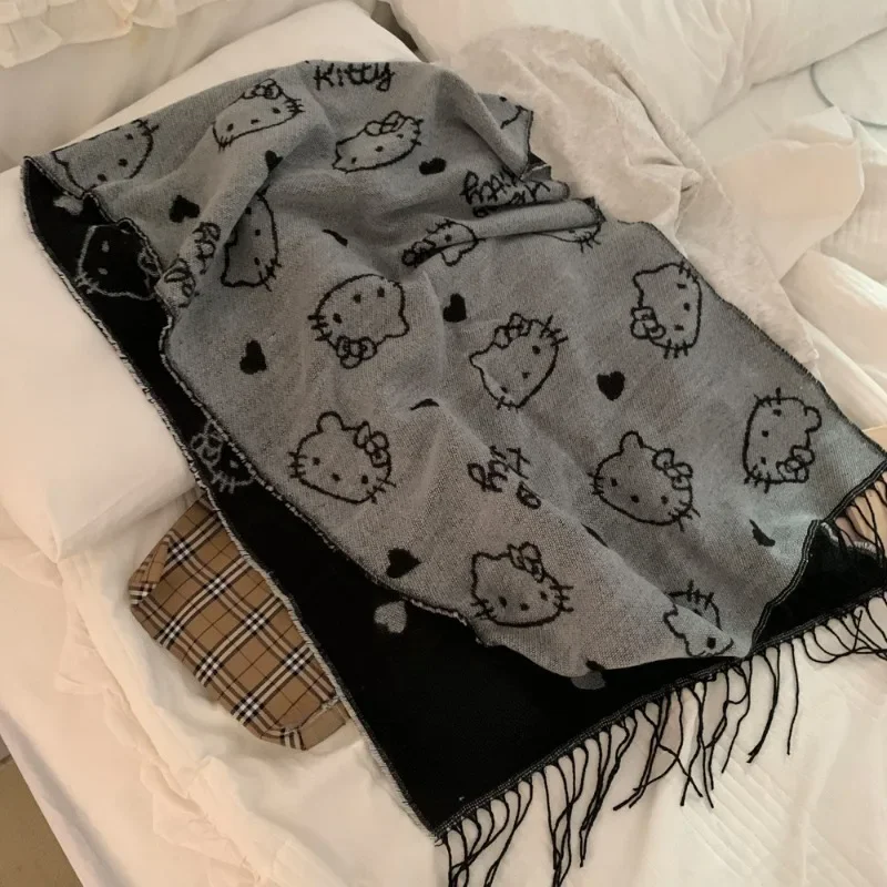 

Kawaii Sanrio Y2K Hello Kitty Jk Style Black Gray Double-Sided Scarf SuperVersatile Party Costume Accessories Christmas Gift