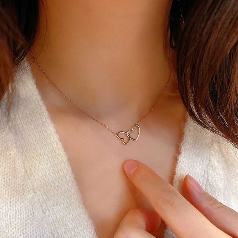S925 genuine sterling silver double love is inseparable from each other sweet simple versatile classic fashionable and elegant