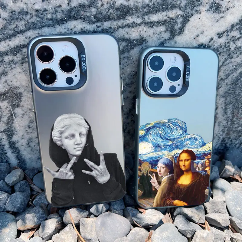 Artistic Aesthetic Phone Case - Shockproof Matte Laser Cover with David and Mona Lisa Design