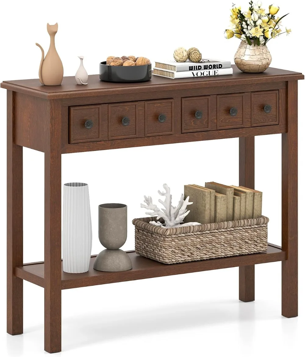 2-Tier Narrow Console Table with 2 Drawers, Retro Entryway Sofa Table for Living Room Hallway