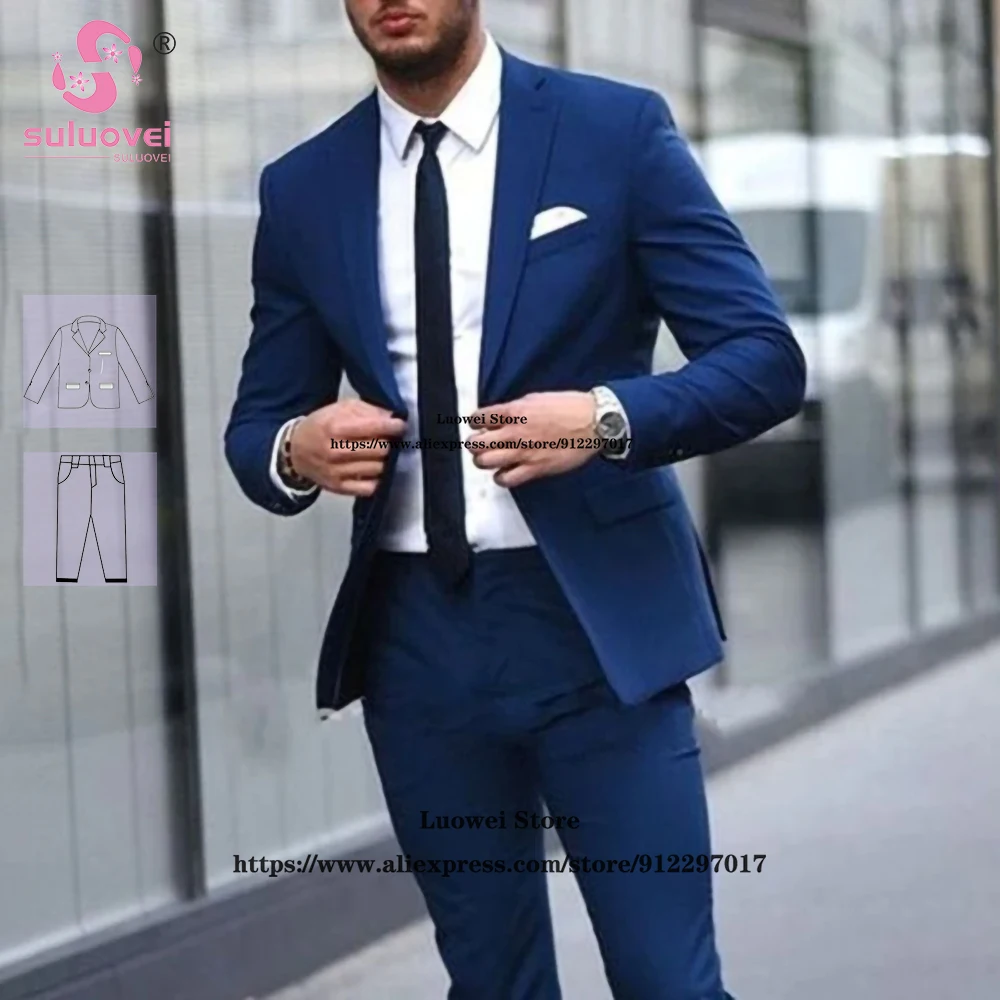 

Fashion Navy Blue Suits For Men Slim Fit 2 Piece Pants Set Formal Groom Wedding Dinner Party Notch Lapel Tuxedo Blazer Masculino