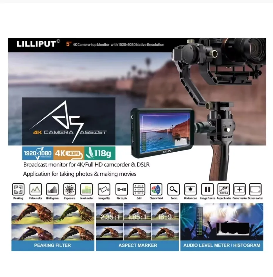 Lilliput A5 5" IPS 4K HDMI-compatible Camera Monitor for DSLR or Mirrorless Camera, Camera-top Field Video Monitor
