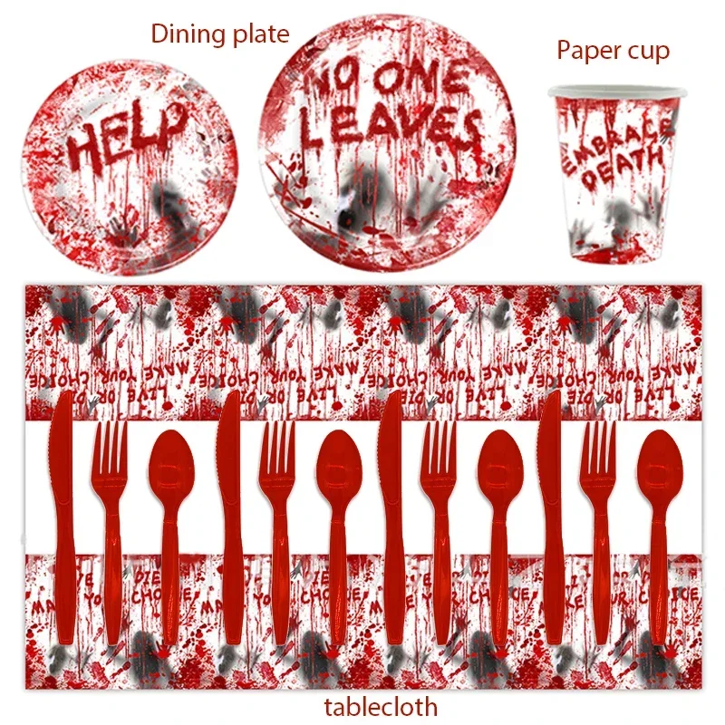 Halloween Horror Atmosphere Party Decoration Scary Blood Handprint Paper Plate Plate Tablecloth Disposable Party Tableware Set